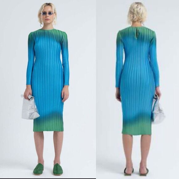 Free People Dresses & Skirts - Arthur * Ribbed Pleated Midi Dress Ombré Blue Green Long Sleeve US 6 Free People